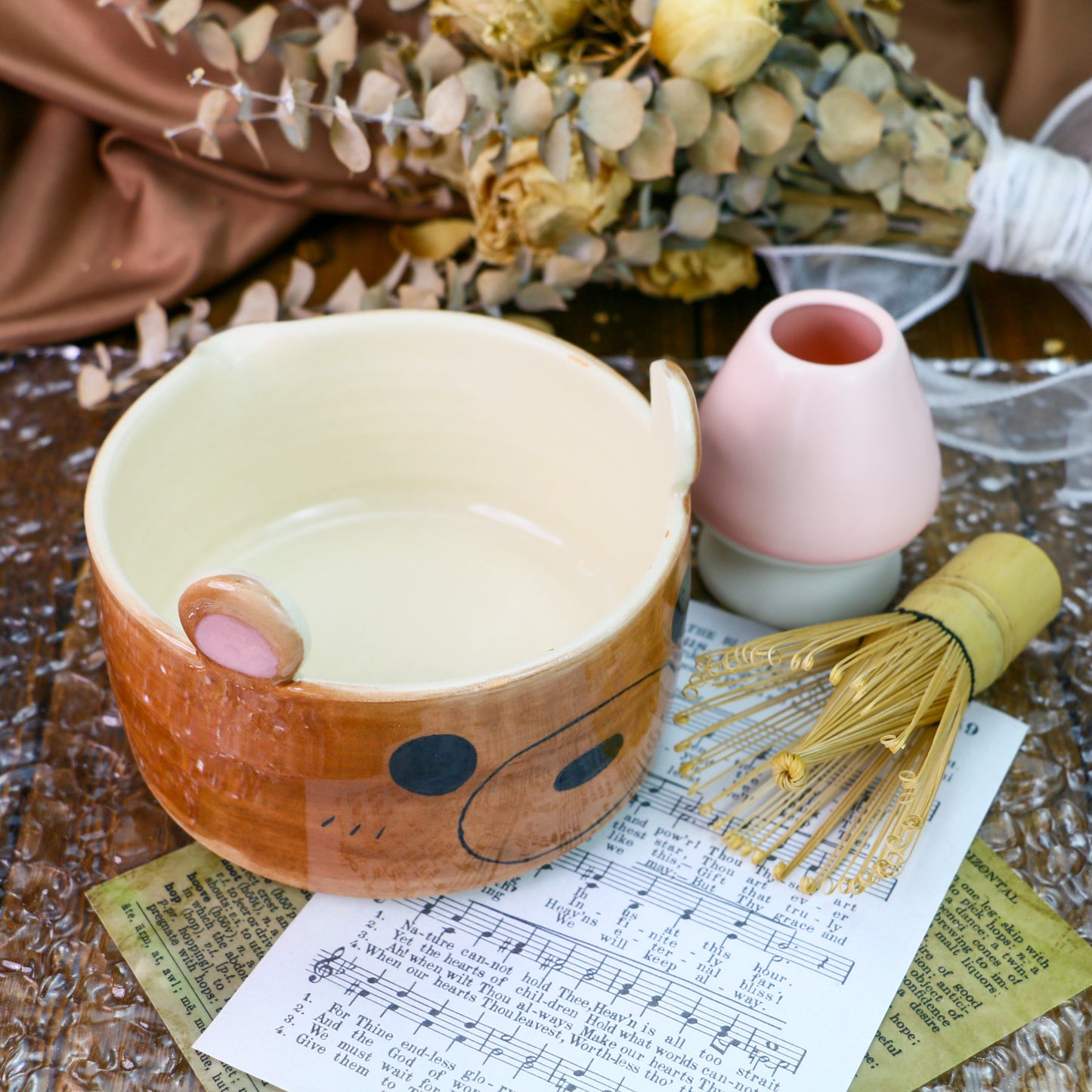 Handmade Matcha Bowl – Brown Ceramic Tea Bowl with Cute Bear Ears