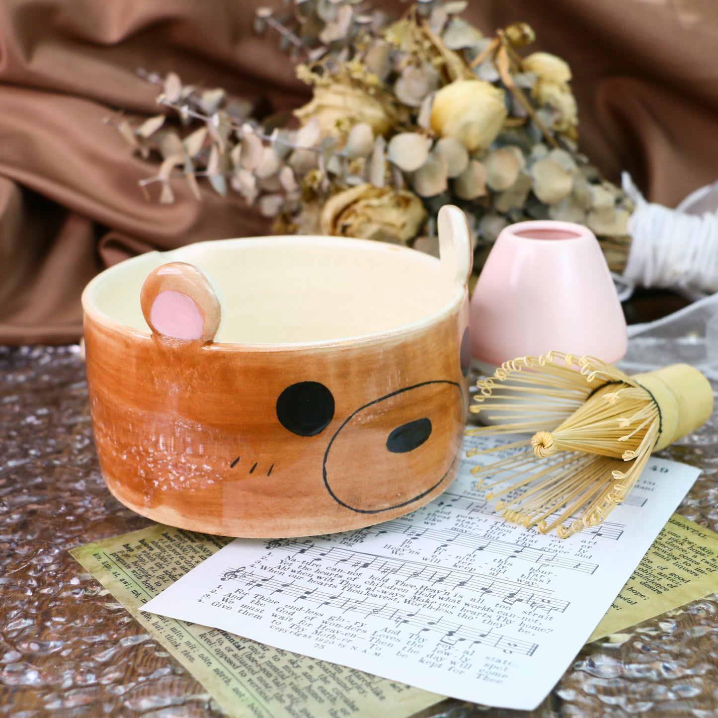Handmade Matcha Bowl – Brown Ceramic Tea Bowl with Cute Bear Ears