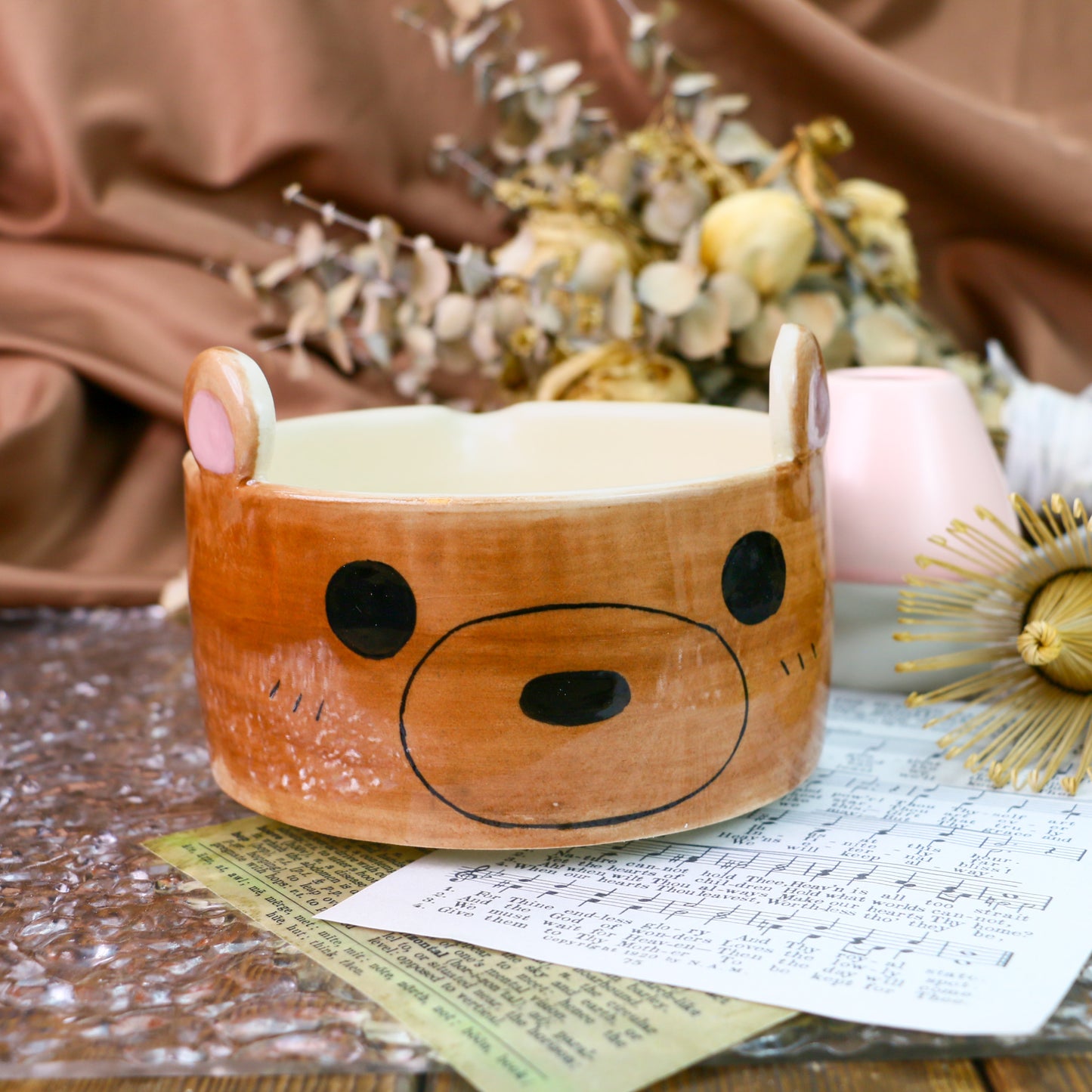 Handmade Matcha Bowl – Brown Ceramic Tea Bowl with Cute Bear Ears