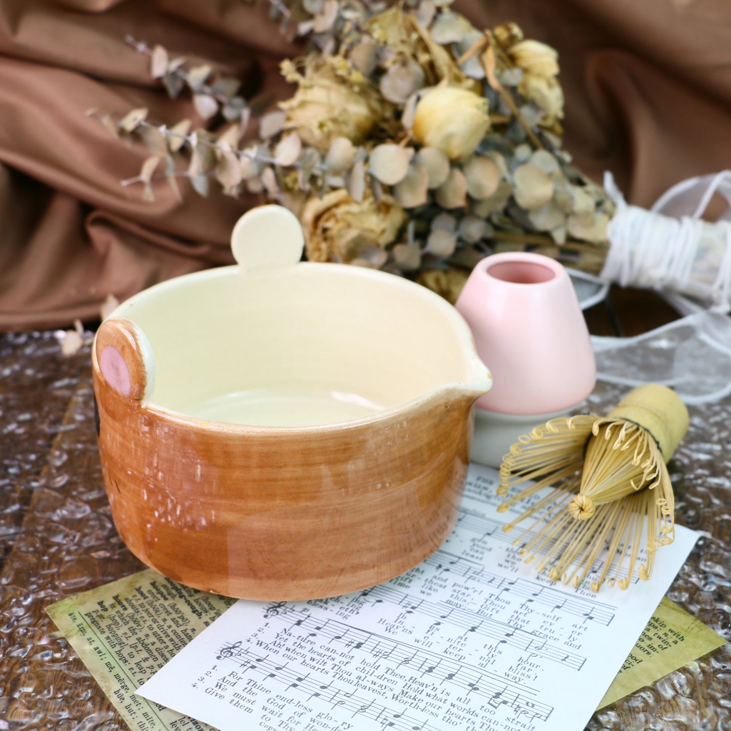 Handmade Matcha Bowl – Brown Ceramic Tea Bowl with Cute Bear Ears