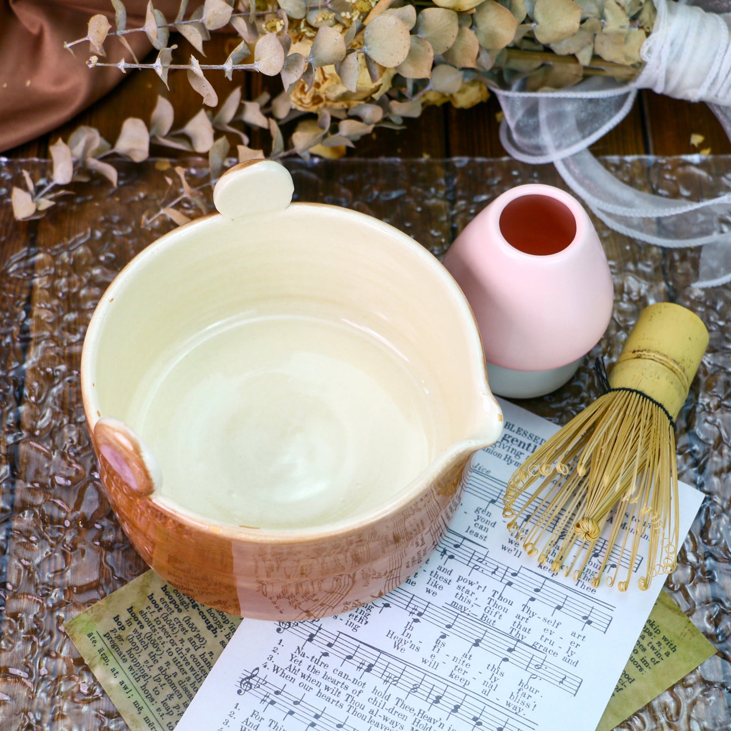 Handmade Matcha Bowl – Brown Ceramic Tea Bowl with Cute Bear Ears