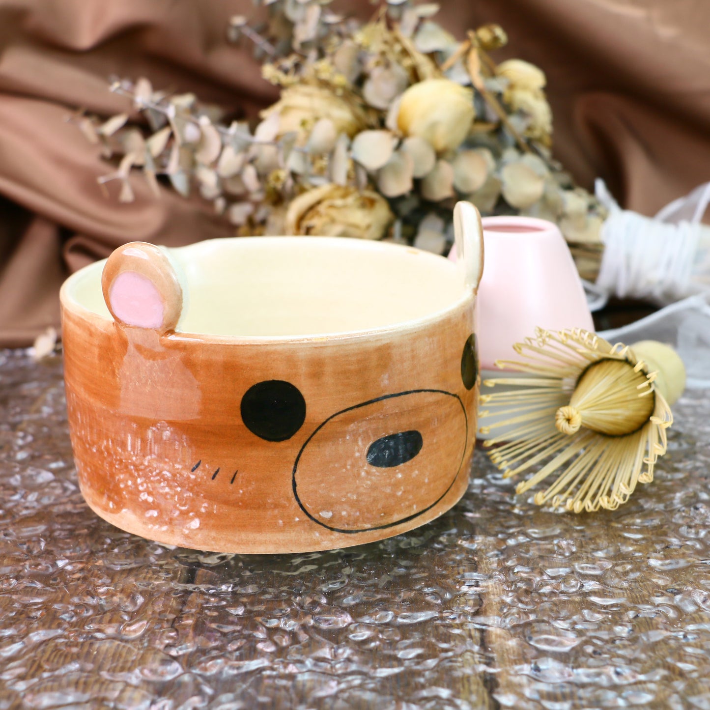 Handmade Matcha Bowl – Brown Ceramic Tea Bowl with Cute Bear Ears