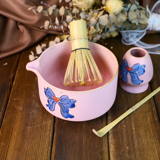 Handmade Ceramic Matcha Bowl Set with Hand-Painted Ribbon Details