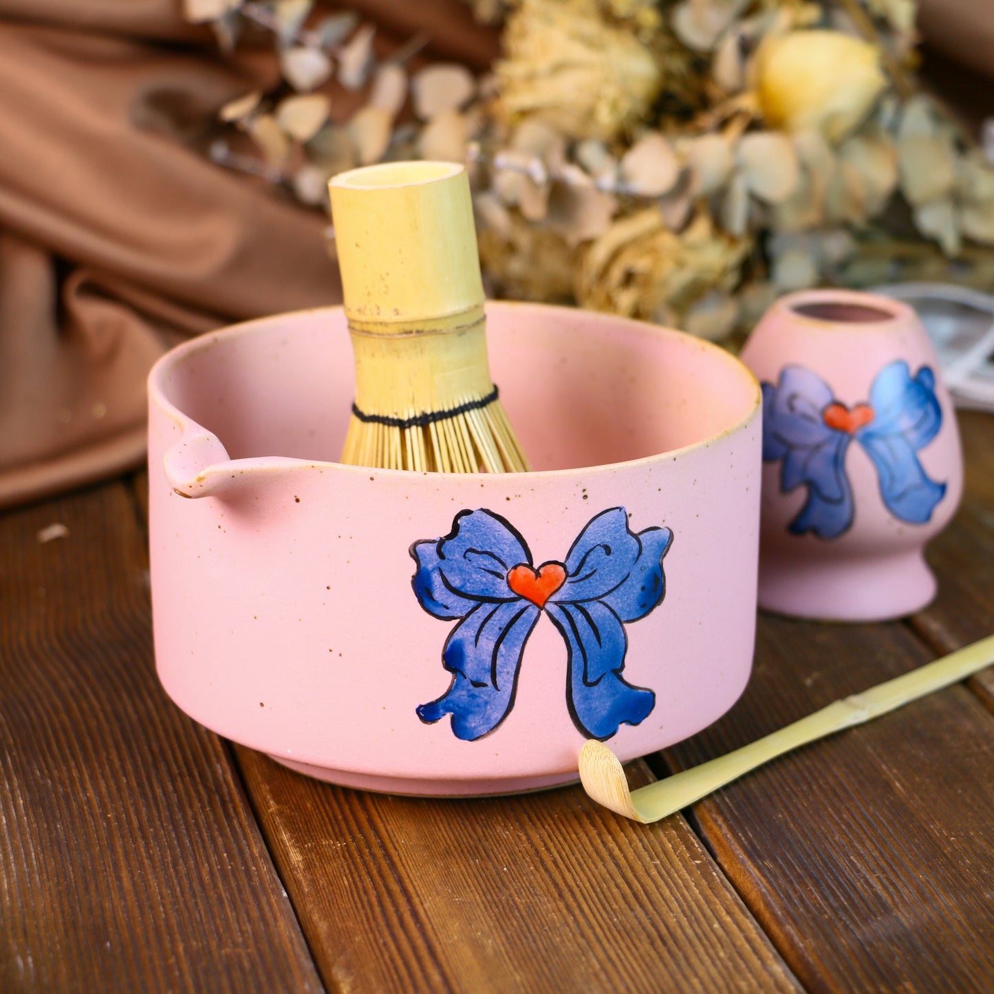 Handmade Ceramic Matcha Bowl Set with Hand-Painted Ribbon Details