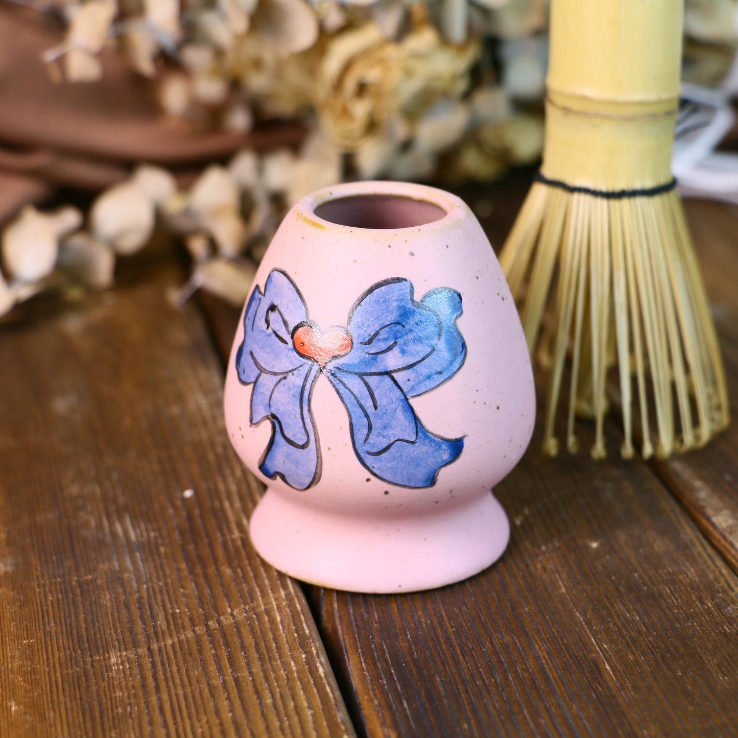 Handmade Ceramic Matcha Bowl Set with Hand-Painted Ribbon Details