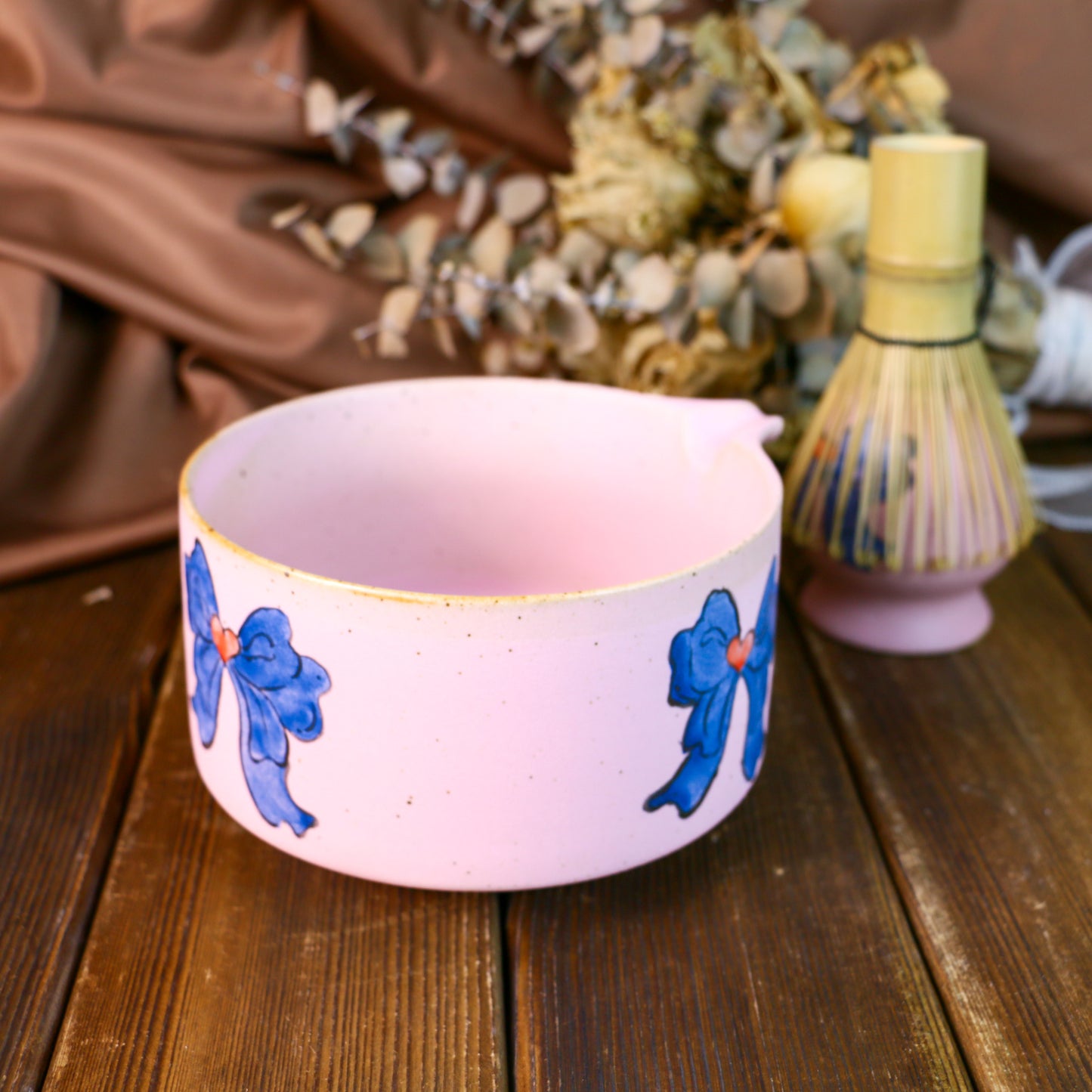 Handmade Ceramic Matcha Bowl Set with Hand-Painted Ribbon Details
