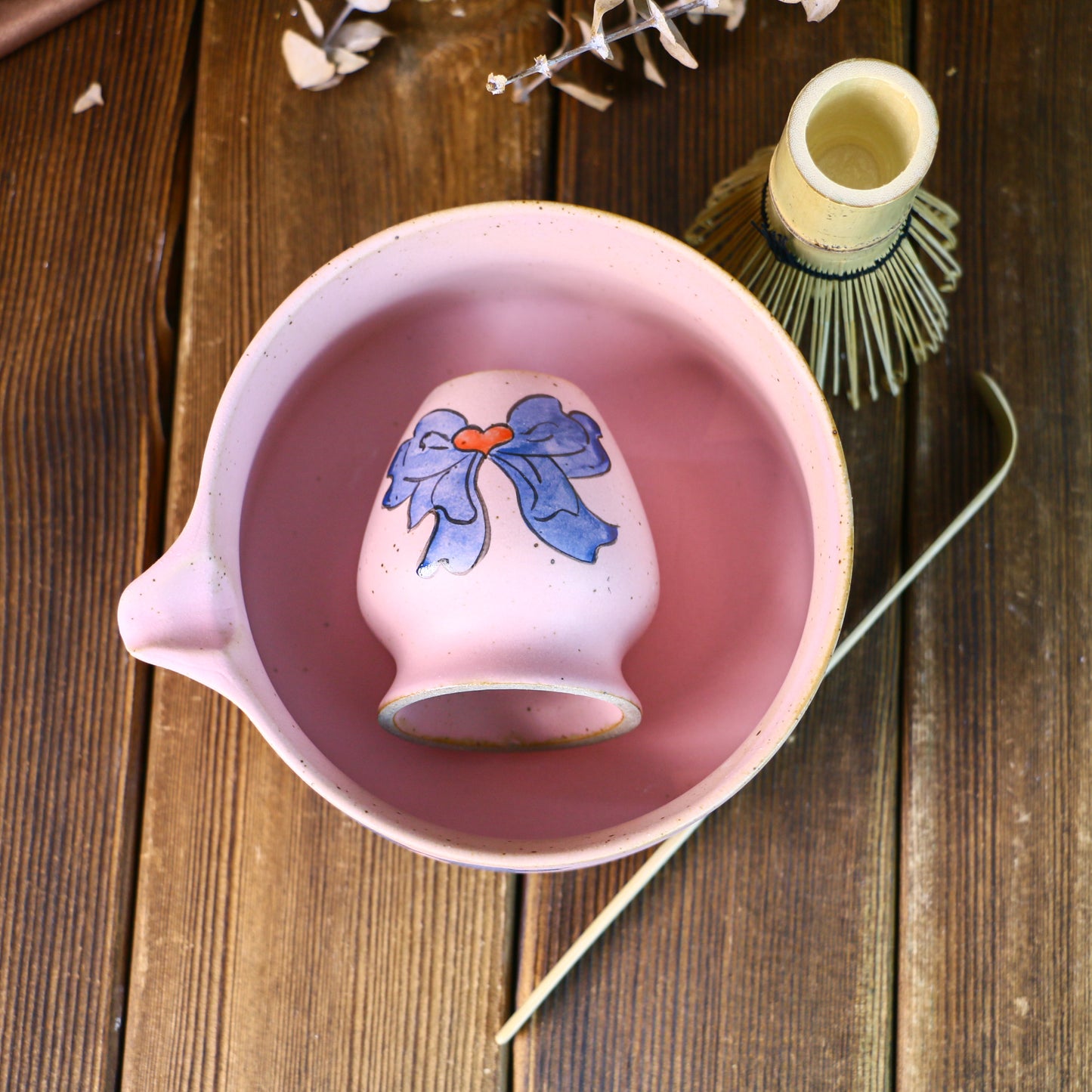 Handmade Ceramic Matcha Bowl Set with Hand-Painted Ribbon Details