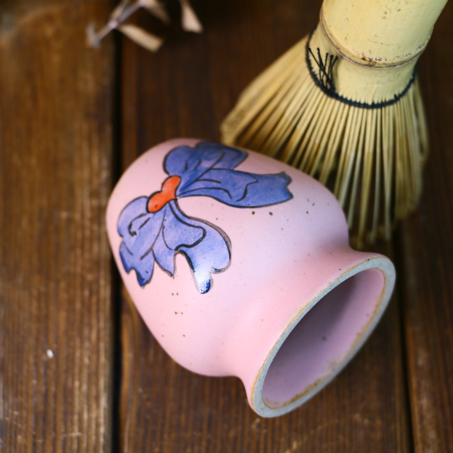 Handmade Ceramic Matcha Bowl Set with Hand-Painted Ribbon Details