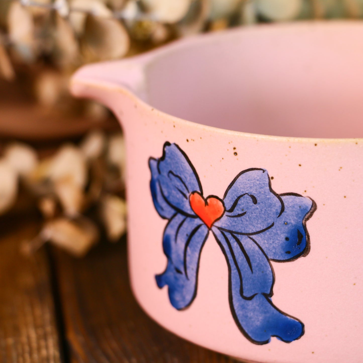 Handmade Ceramic Matcha Bowl Set with Hand-Painted Ribbon Details