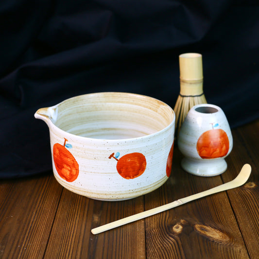 Hand-Painted Ceramic Matcha Tea Bowl Set with Fruit-Inspired Design