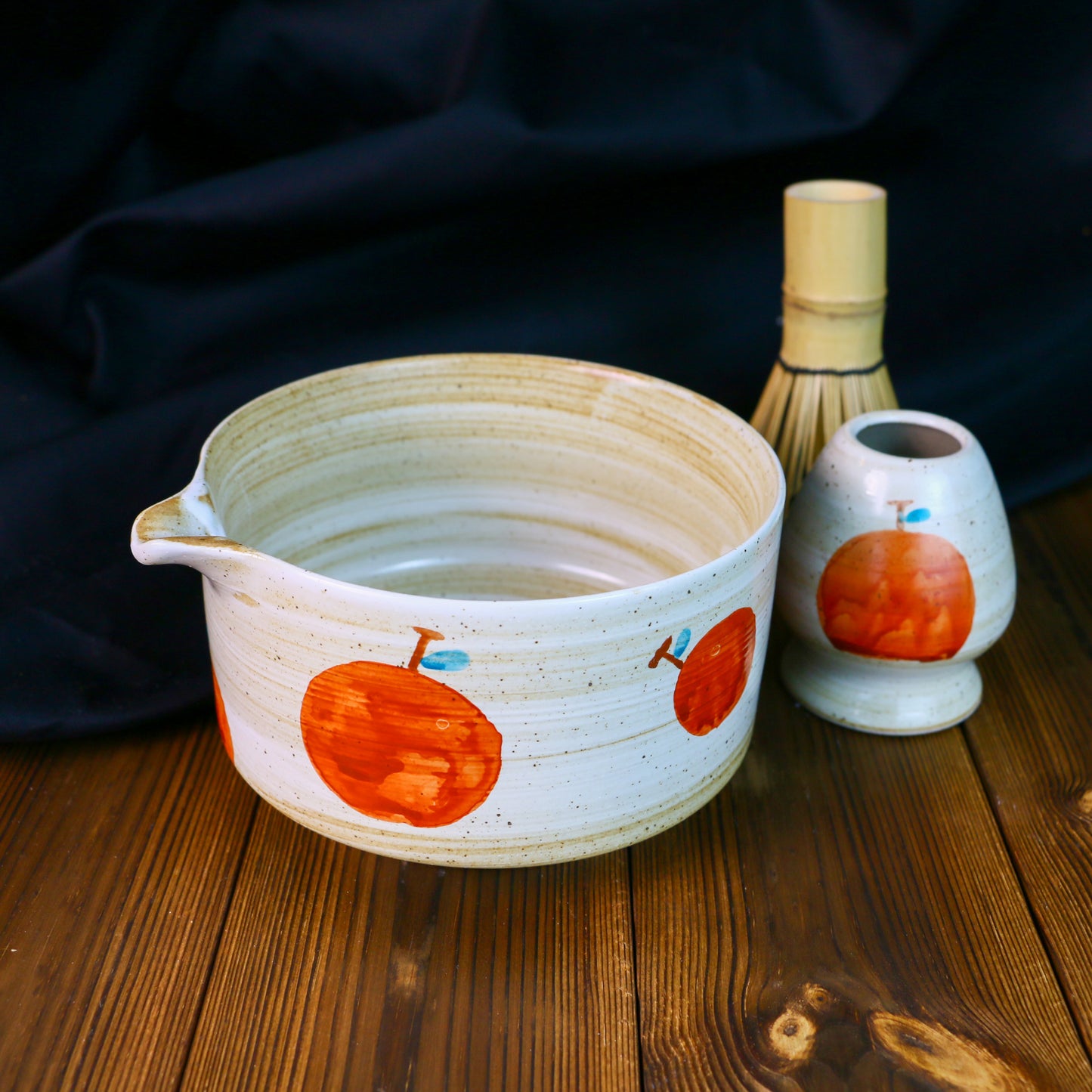 Hand-Painted Ceramic Matcha Tea Bowl Set with Fruit-Inspired Design