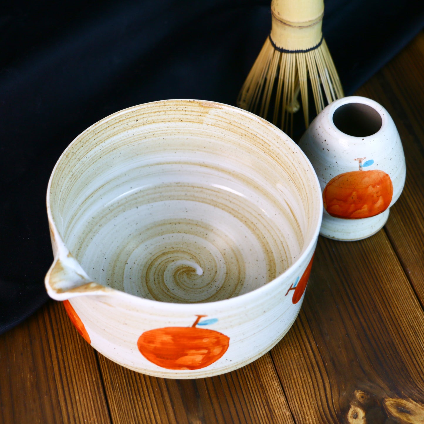 Hand-Painted Ceramic Matcha Tea Bowl Set with Fruit-Inspired Design