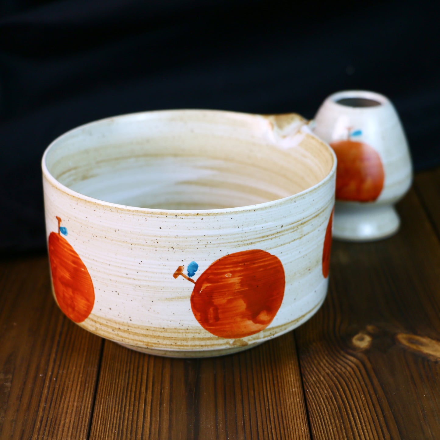 Hand-Painted Ceramic Matcha Tea Bowl Set with Fruit-Inspired Design