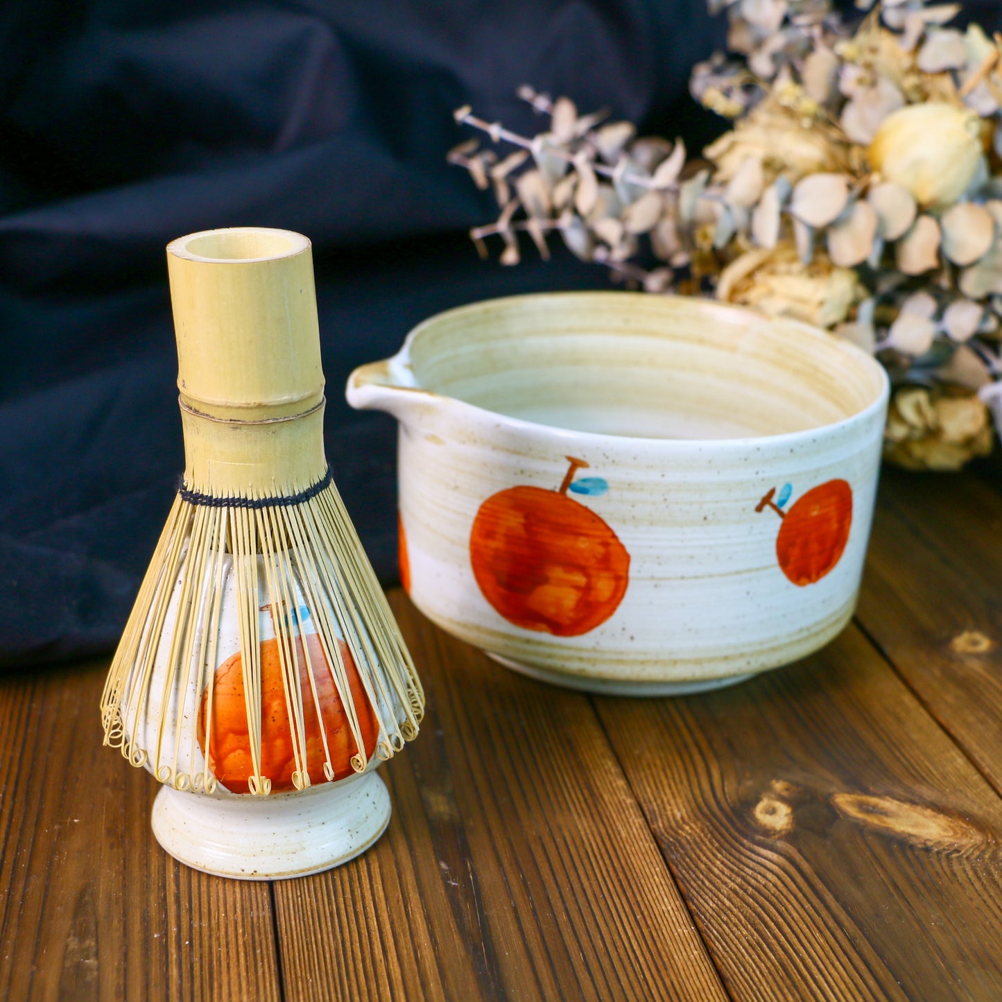 Hand-Painted Ceramic Matcha Tea Bowl Set with Fruit-Inspired Design