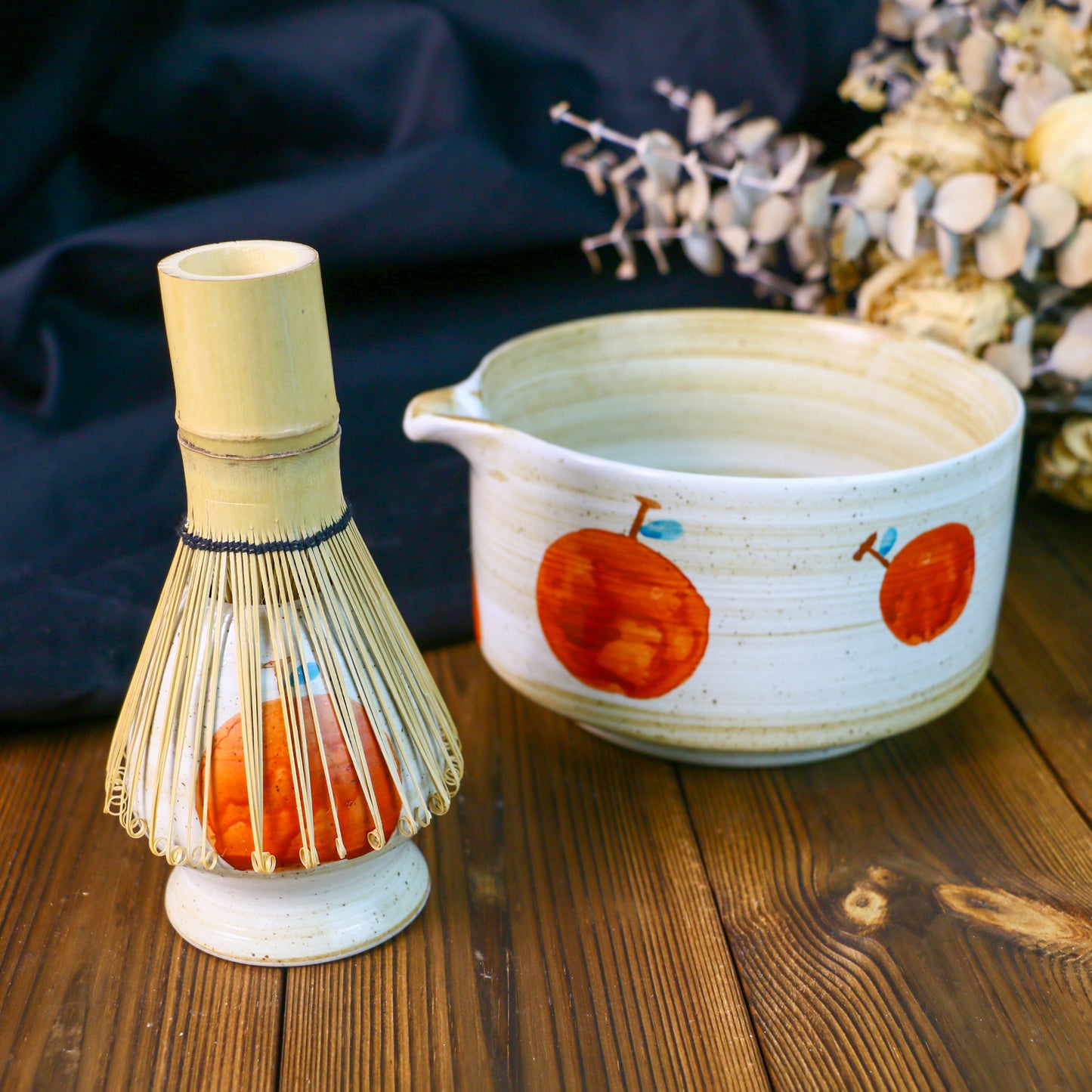 Hand-Painted Ceramic Matcha Tea Bowl Set with Fruit-Inspired Design