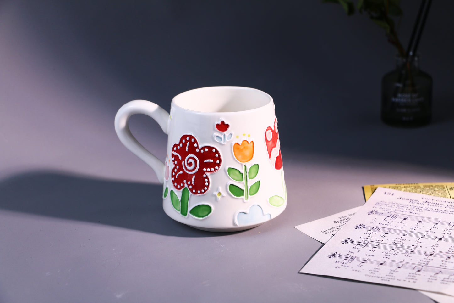 Handmade Floral Coffee Mug โ Hand-Painted Ceramic Tea Cup with Bright Flowers