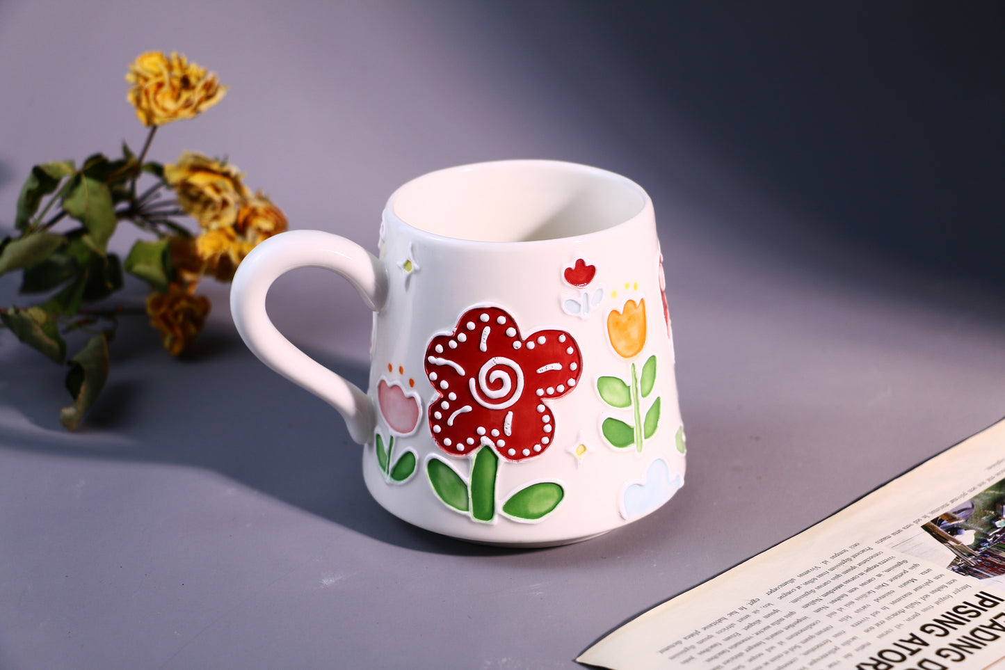 Handmade Floral Coffee Mug โ Hand-Painted Ceramic Tea Cup with Bright Flowers