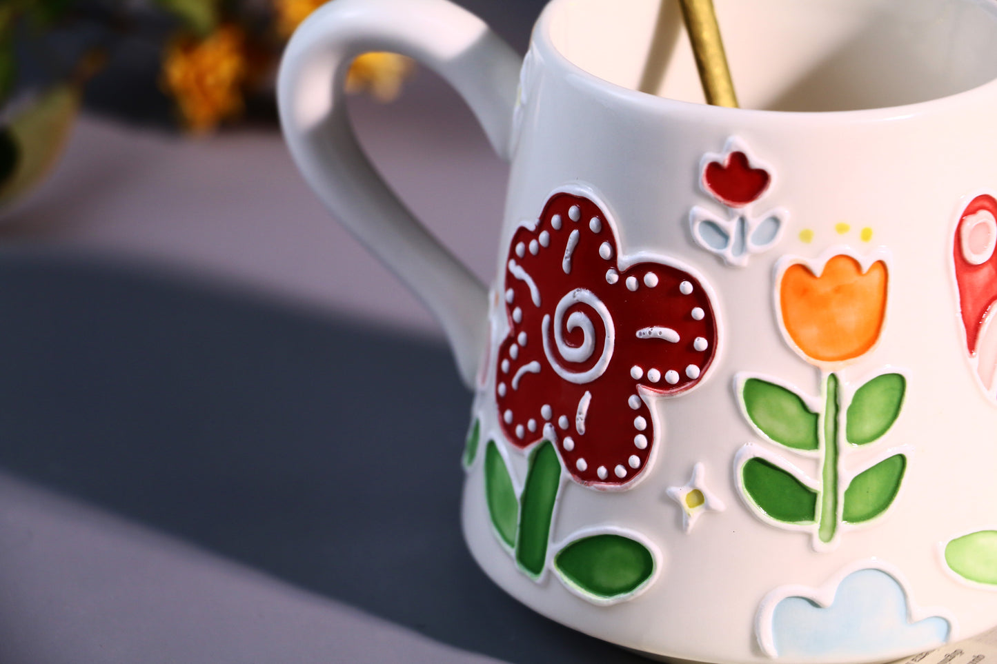 Handmade Floral Coffee Mug โ Hand-Painted Ceramic Tea Cup with Bright Flowers