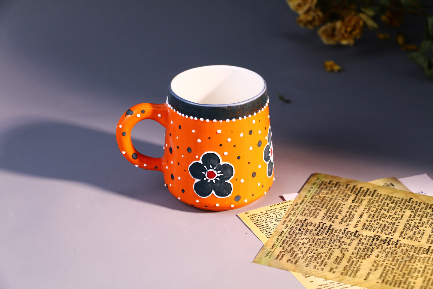 Handmade Bold Orange Ceramic Mug – Hand-Painted Flowers & Polka Dots Design