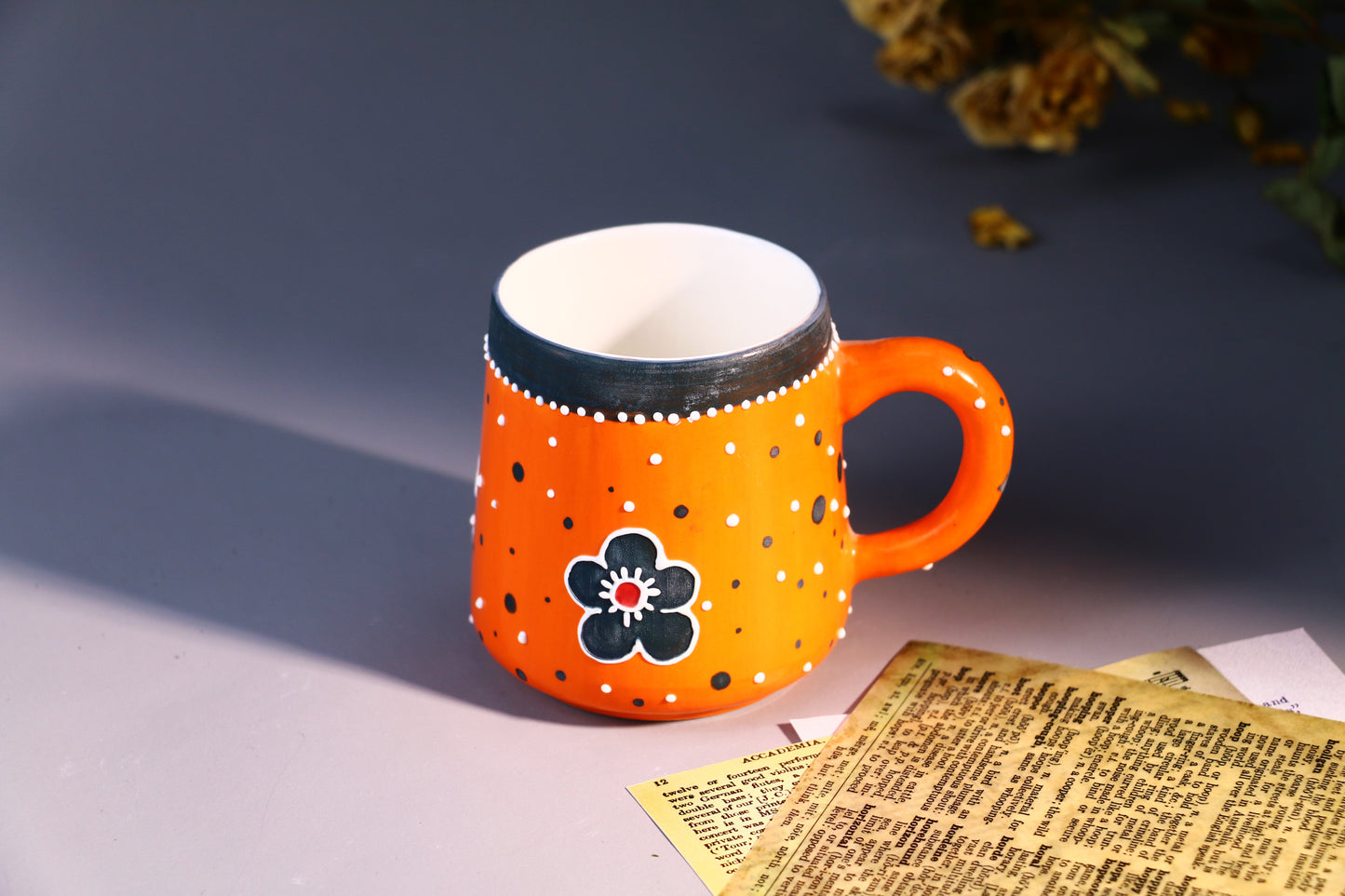 Handmade Bold Orange Ceramic Mug – Hand-Painted Flowers & Polka Dots Design