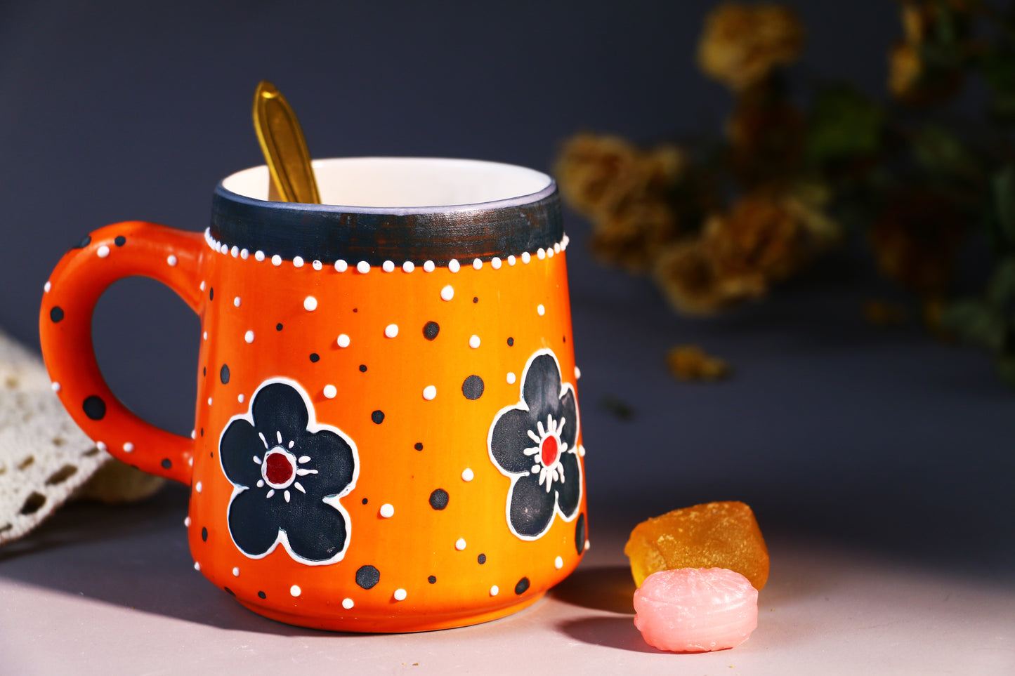 Handmade Bold Orange Ceramic Mug – Hand-Painted Flowers & Polka Dots Design