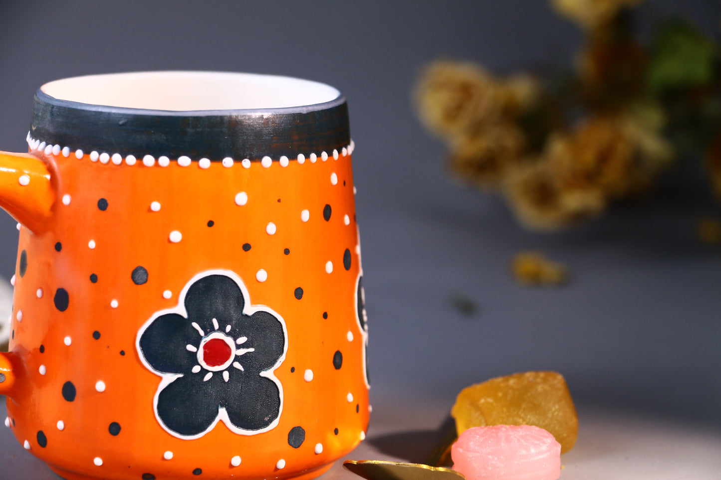 Handmade Bold Orange Ceramic Mug – Hand-Painted Flowers & Polka Dots Design