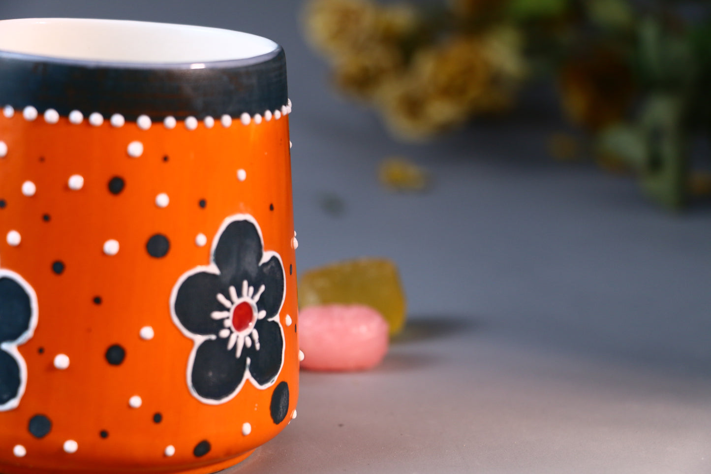 Handmade Bold Orange Ceramic Mug – Hand-Painted Flowers & Polka Dots Design