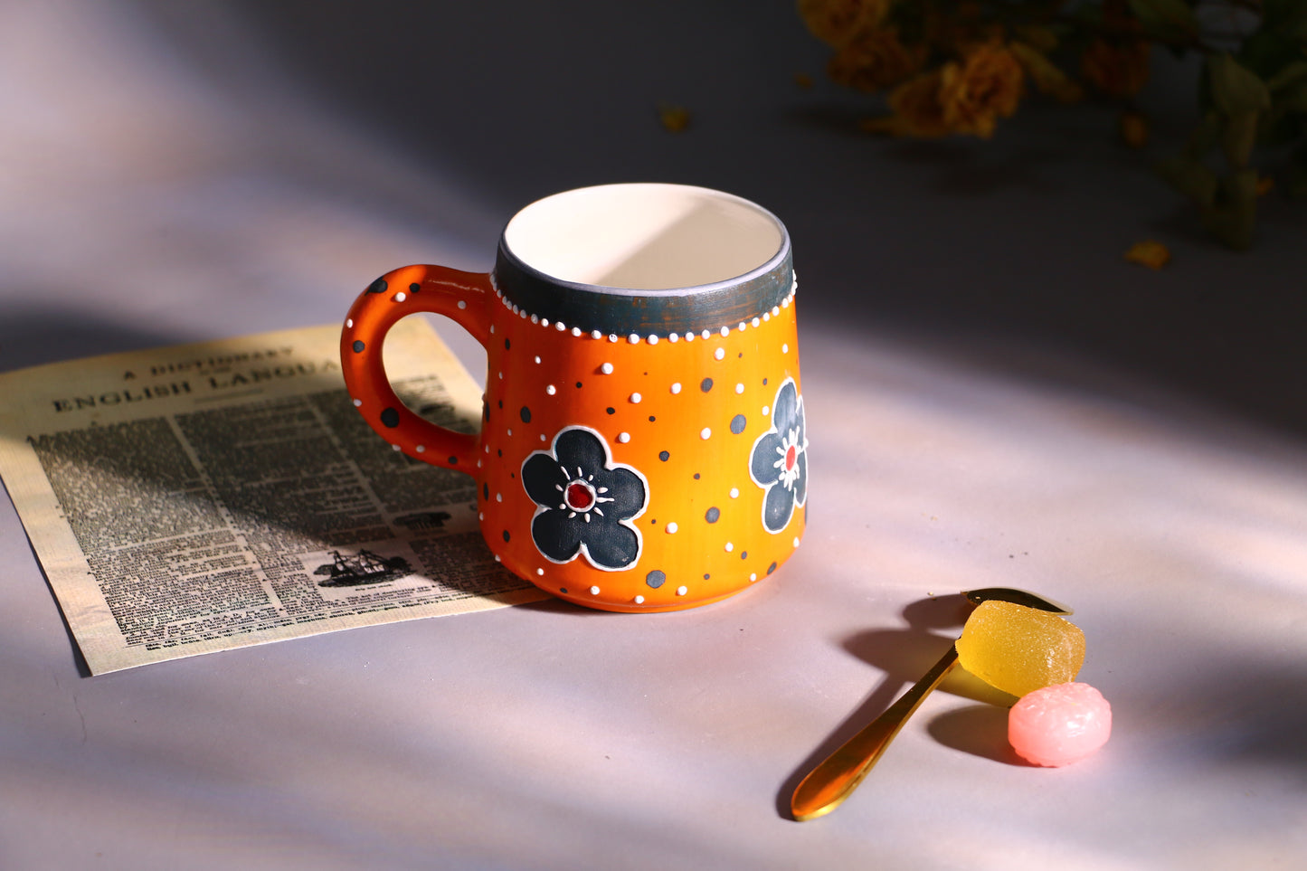 Handmade Bold Orange Ceramic Mug – Hand-Painted Flowers & Polka Dots Design