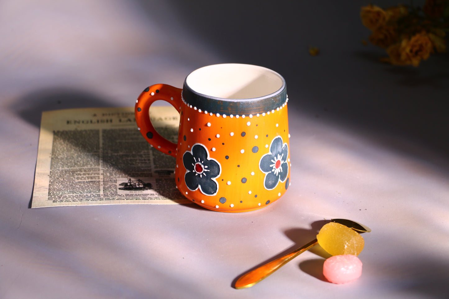 Handmade Bold Orange Ceramic Mug – Hand-Painted Flowers & Polka Dots Design