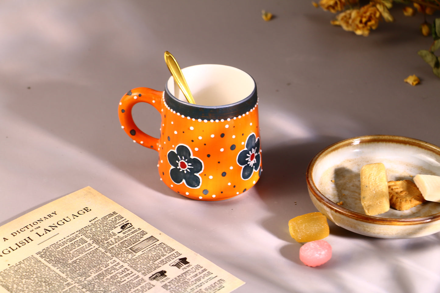Handmade Bold Orange Ceramic Mug – Hand-Painted Flowers & Polka Dots Design
