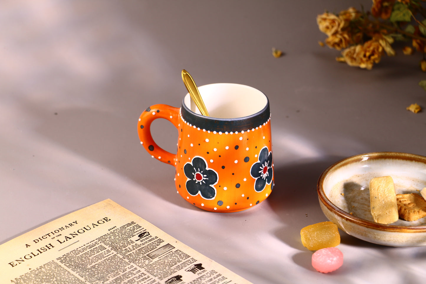 Handmade Bold Orange Ceramic Mug – Hand-Painted Flowers & Polka Dots Design