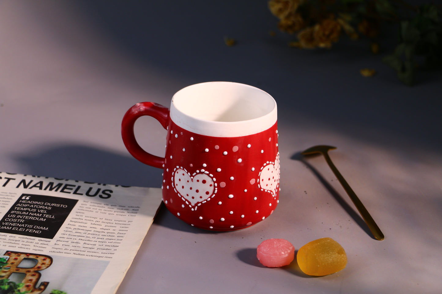 Valentine’s Day Heart Mug – Handcrafted Red with Polka Dots Design Ceramic Cup