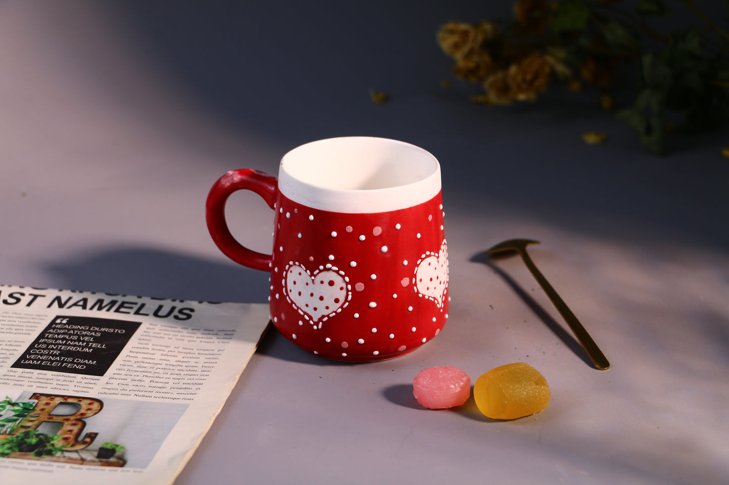 Valentine’s Day Heart Mug – Handcrafted Red with Polka Dots Design Ceramic Cup