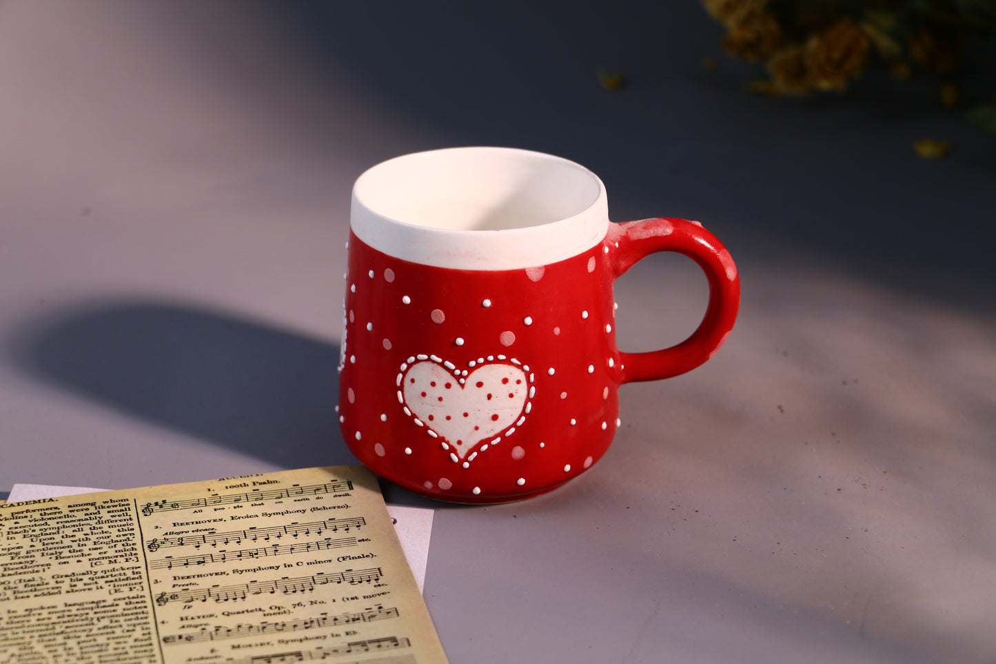 Valentine’s Day Heart Mug – Handcrafted Red with Polka Dots Design Ceramic Cup