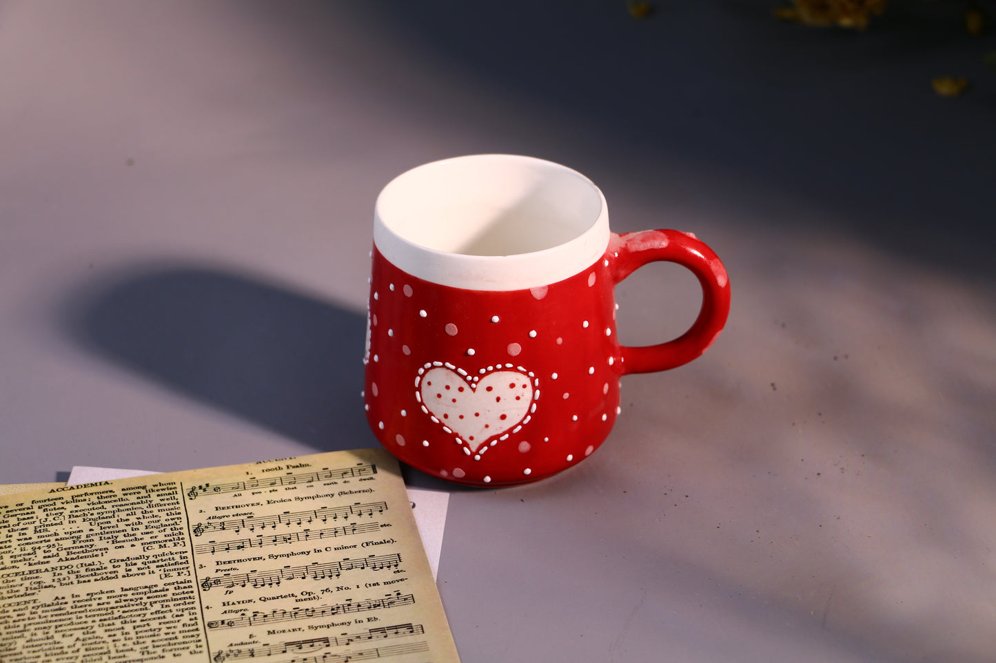Valentine’s Day Heart Mug – Handcrafted Red with Polka Dots Design Ceramic Cup
