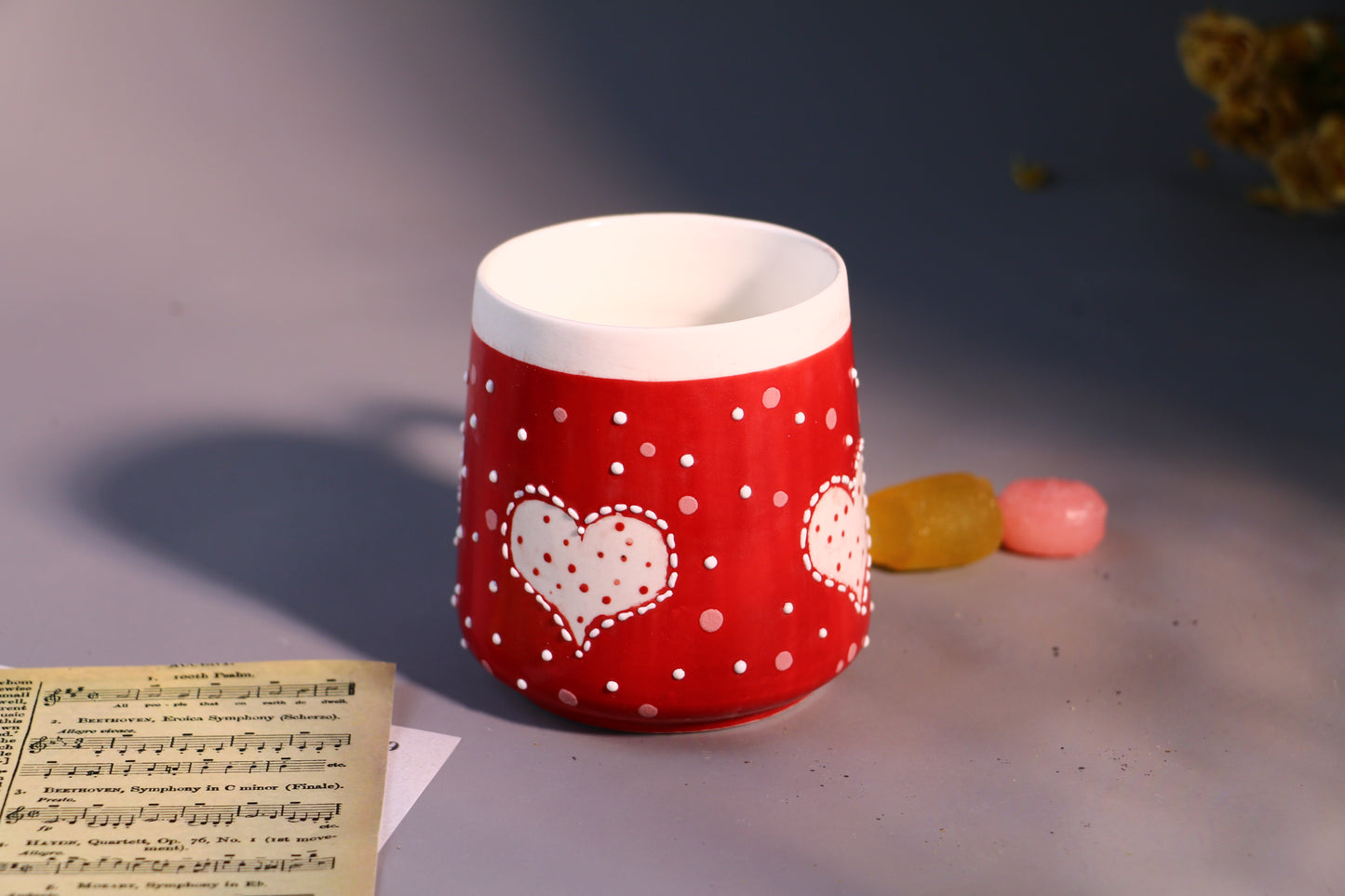 Valentine’s Day Heart Mug – Handcrafted Red with Polka Dots Design Ceramic Cup