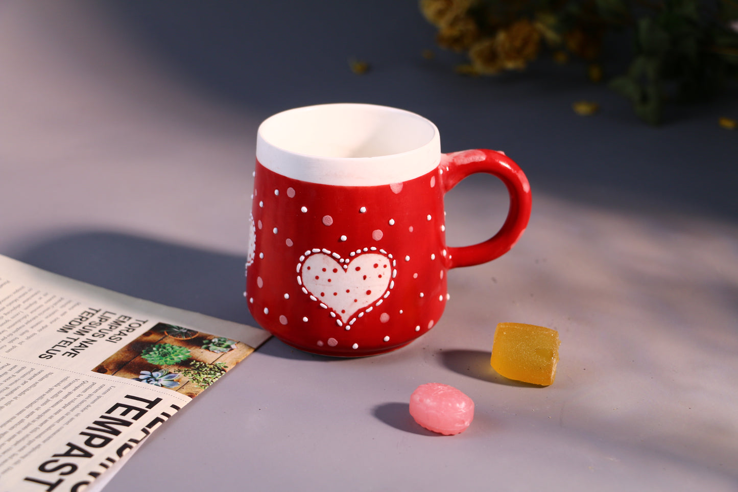Valentine’s Day Heart Mug – Handcrafted Red with Polka Dots Design Ceramic Cup