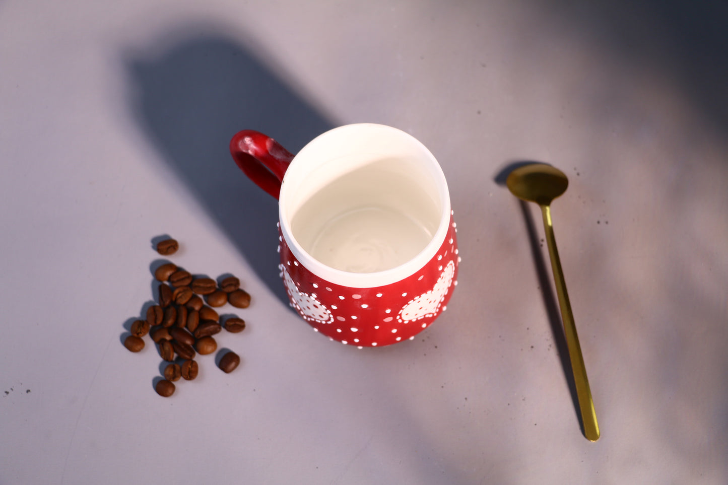 Valentine’s Day Heart Mug – Handcrafted Red with Polka Dots Design Ceramic Cup