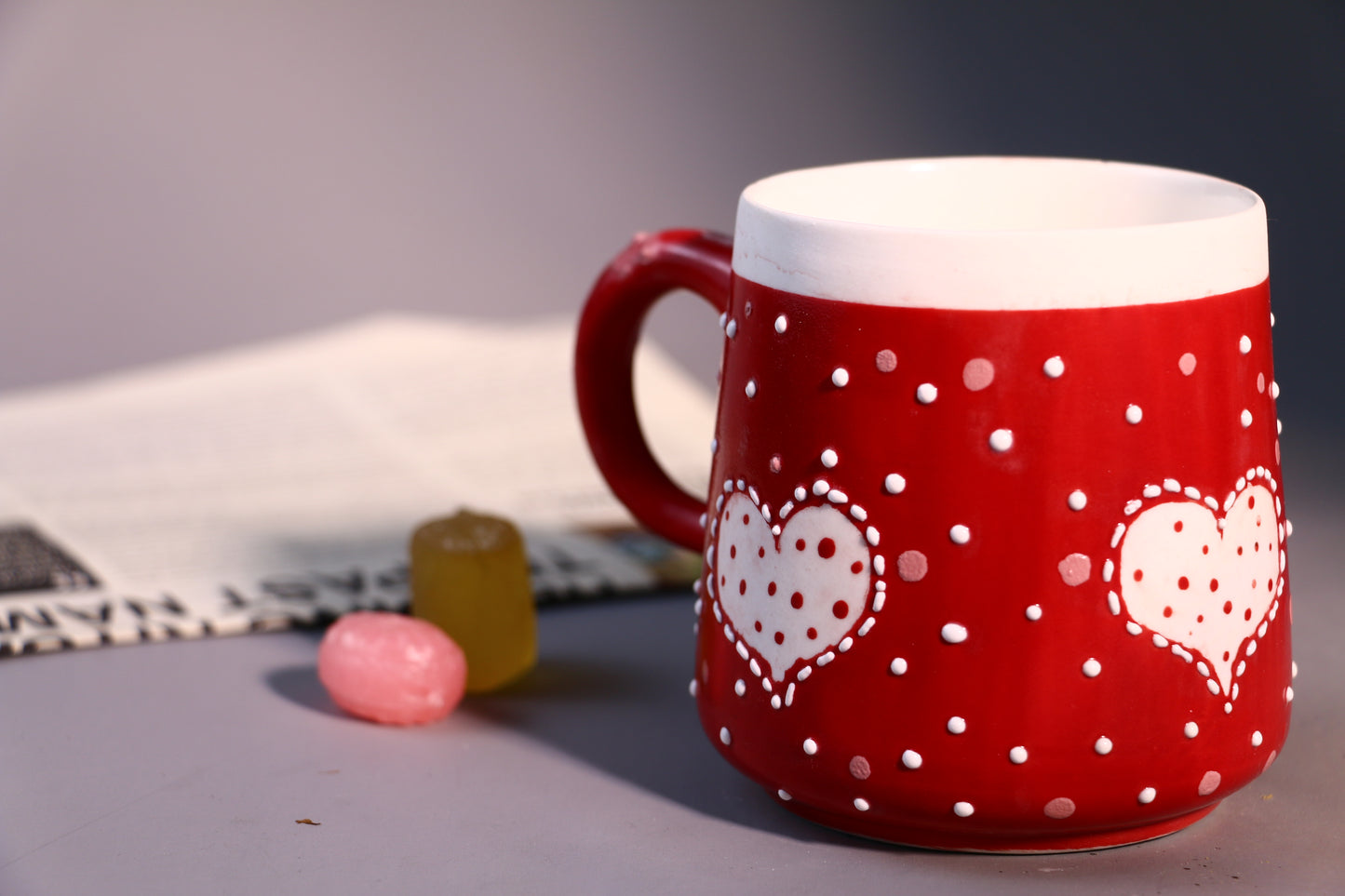 Valentine’s Day Heart Mug – Handcrafted Red with Polka Dots Design Ceramic Cup