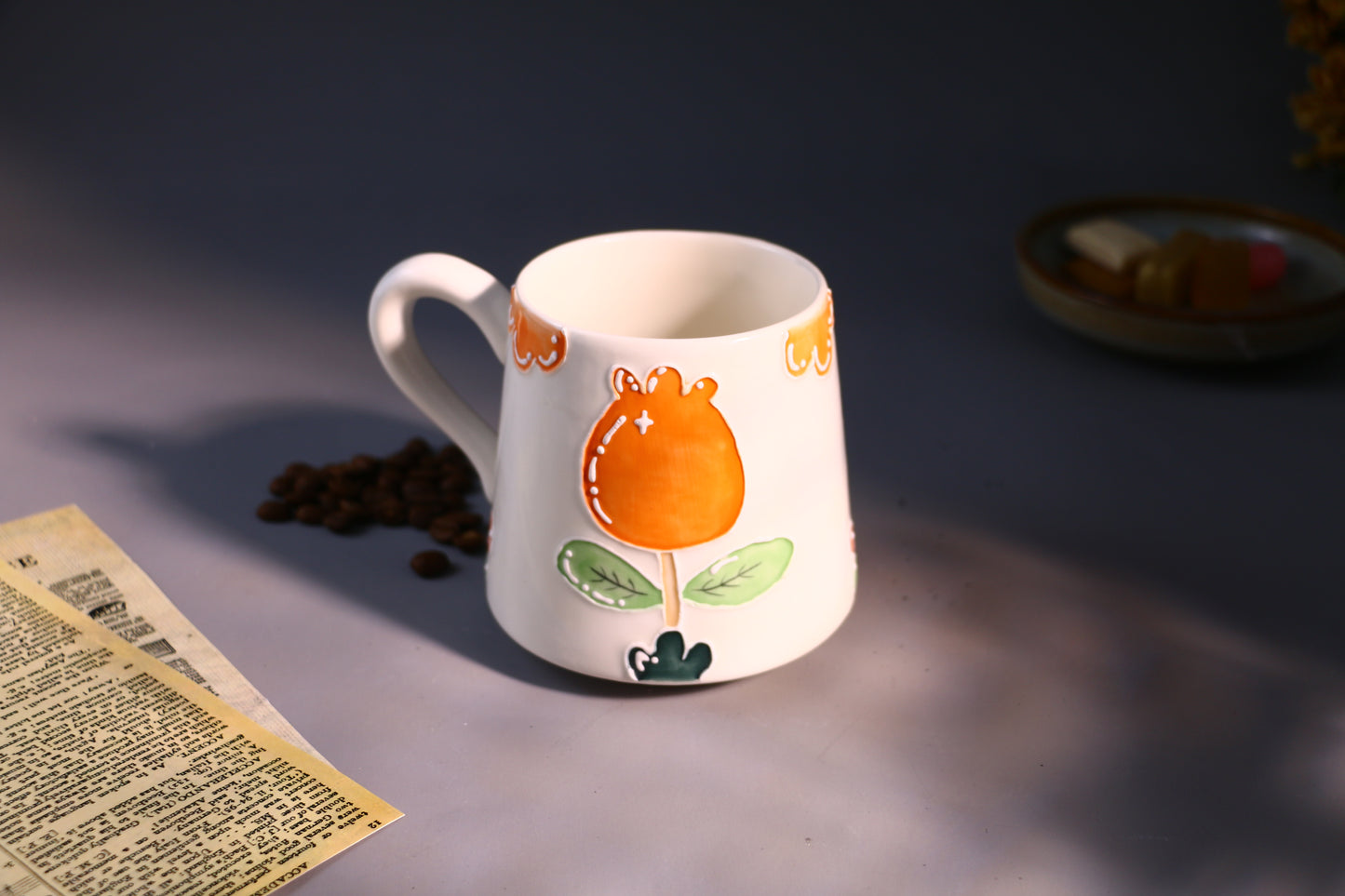 Cozy Handmade Coffee Mug โ Hand-Painted Flower with Leaf Pottery Cup