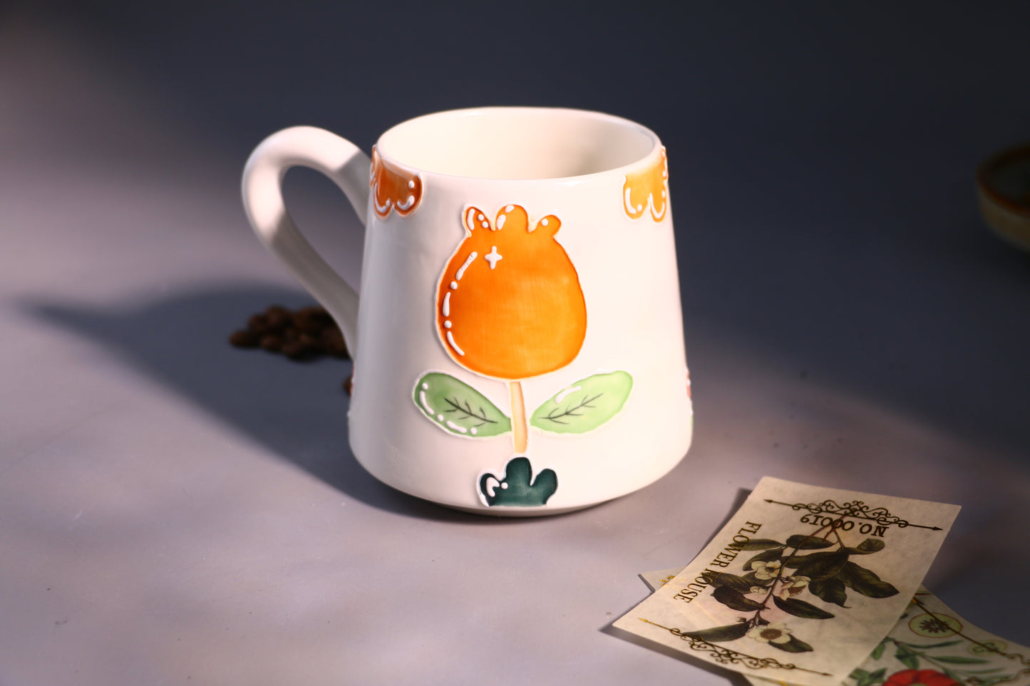 Cozy Handmade Coffee Mug โ Hand-Painted Flower with Leaf Pottery Cup