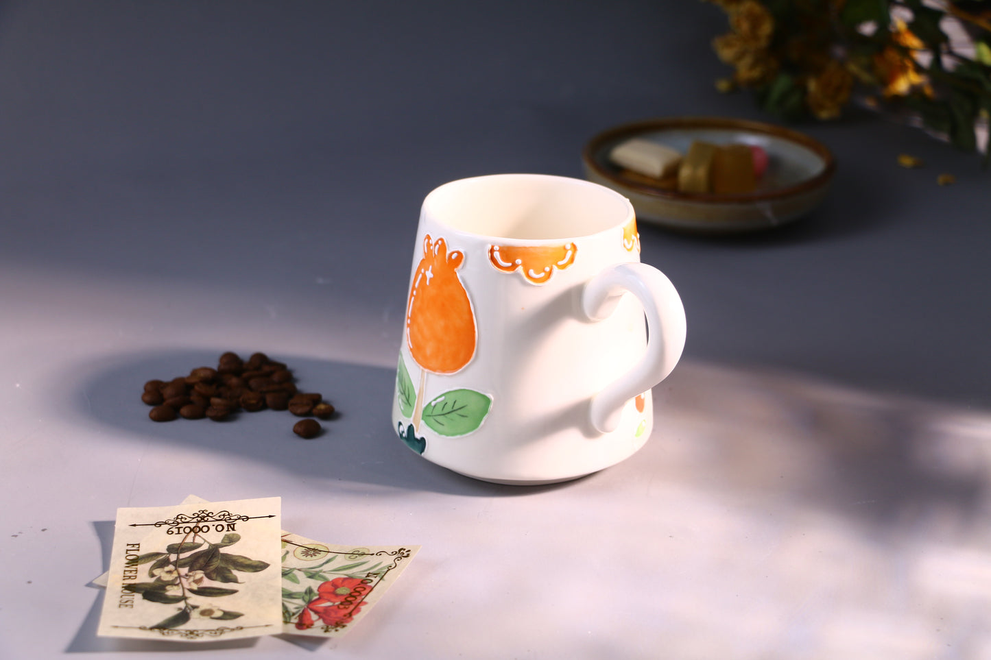 Cozy Handmade Coffee Mug โ Hand-Painted Flower with Leaf Pottery Cup