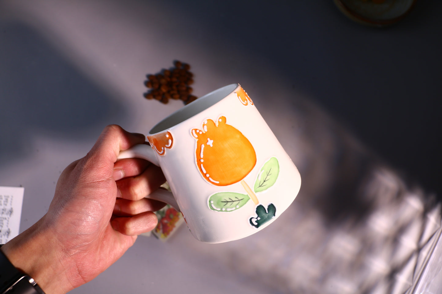 Cozy Handmade Coffee Mug โ Hand-Painted Flower with Leaf Pottery Cup
