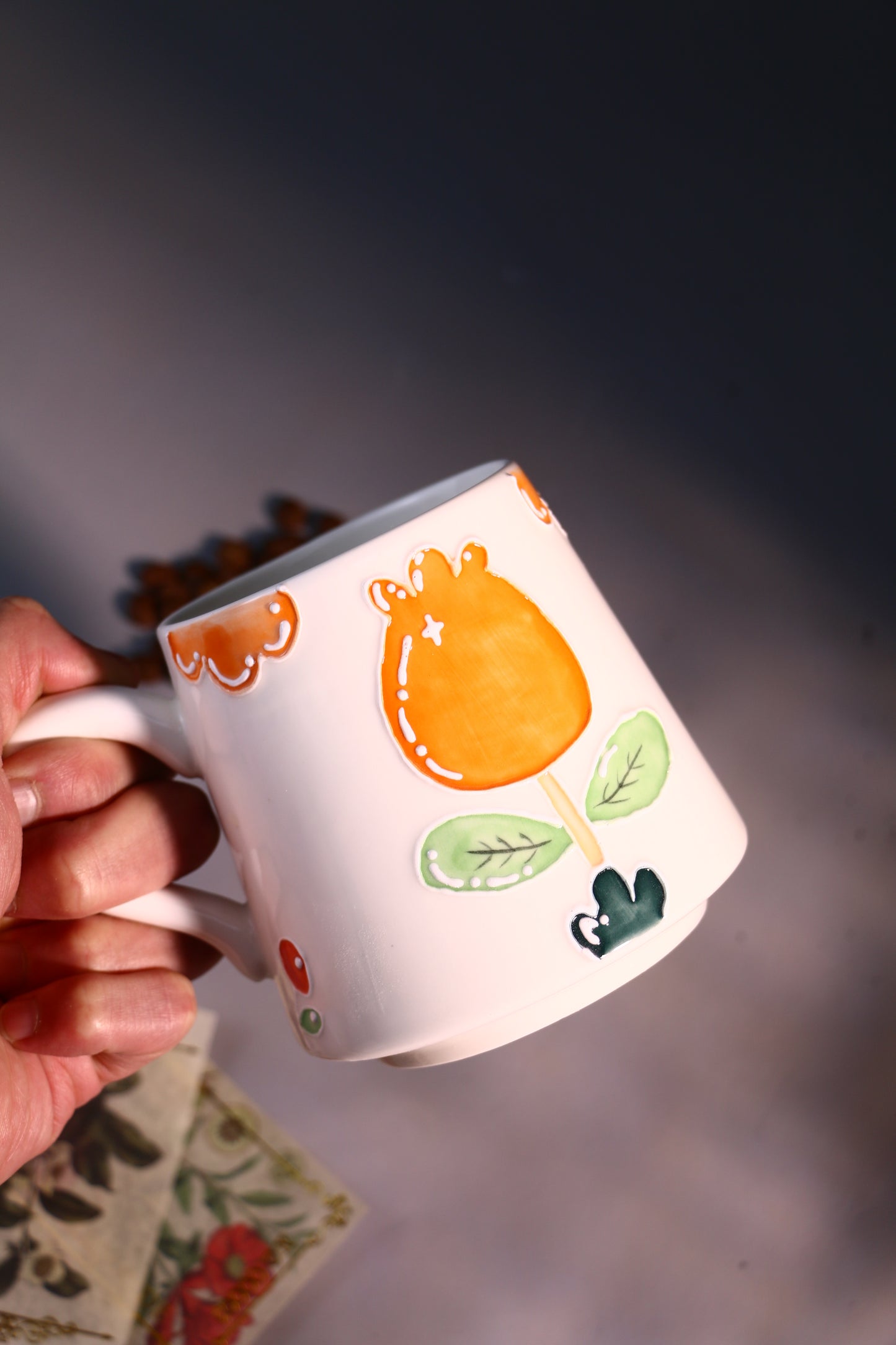 Cozy Handmade Coffee Mug โ Hand-Painted Flower with Leaf Pottery Cup