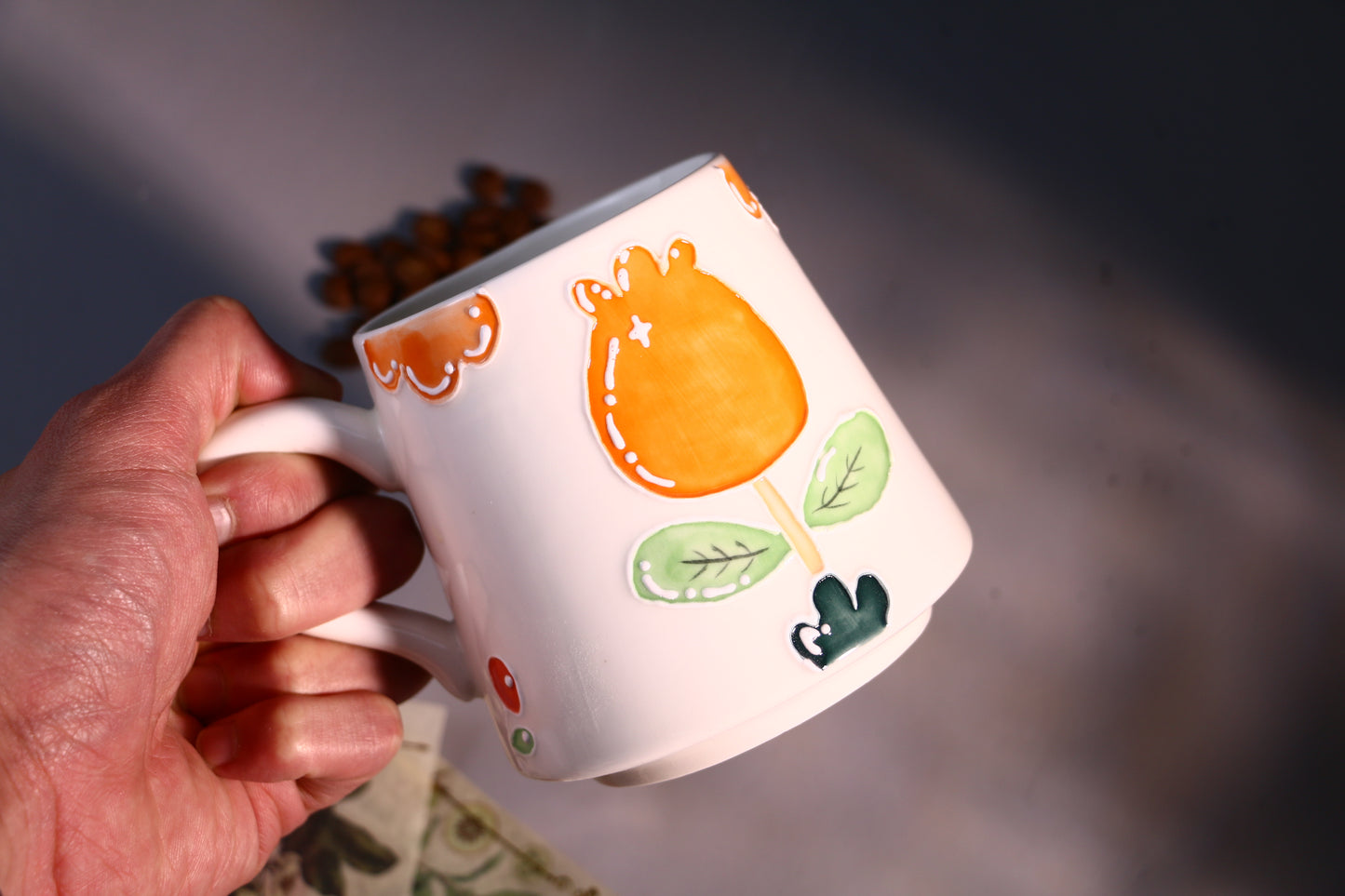 Cozy Handmade Coffee Mug โ Hand-Painted Flower with Leaf Pottery Cup
