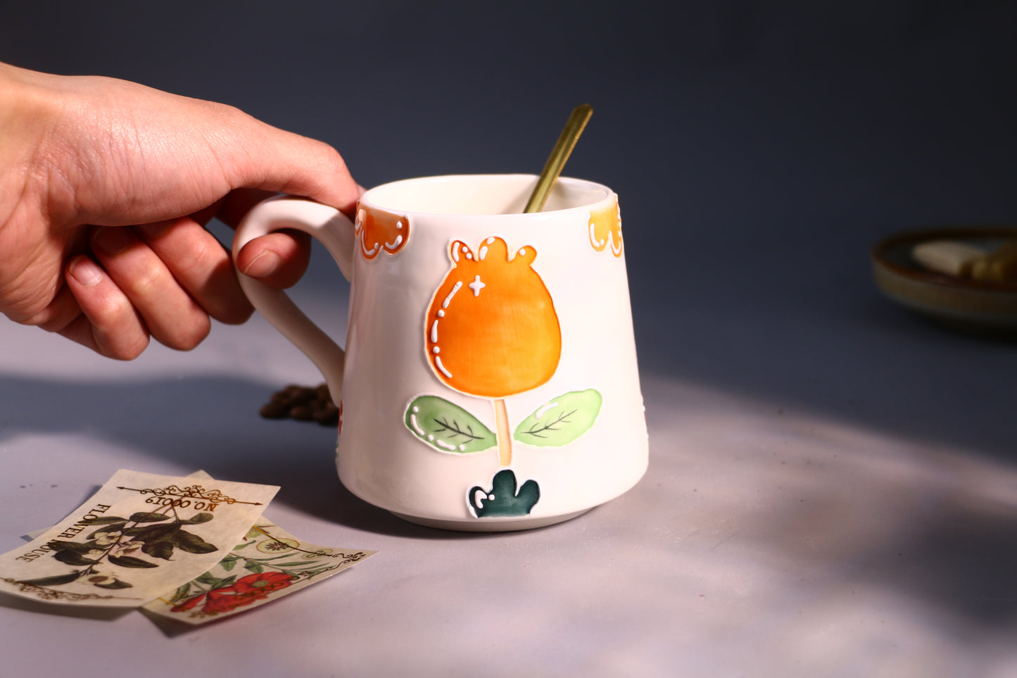 Cozy Handmade Coffee Mug โ Hand-Painted Flower with Leaf Pottery Cup