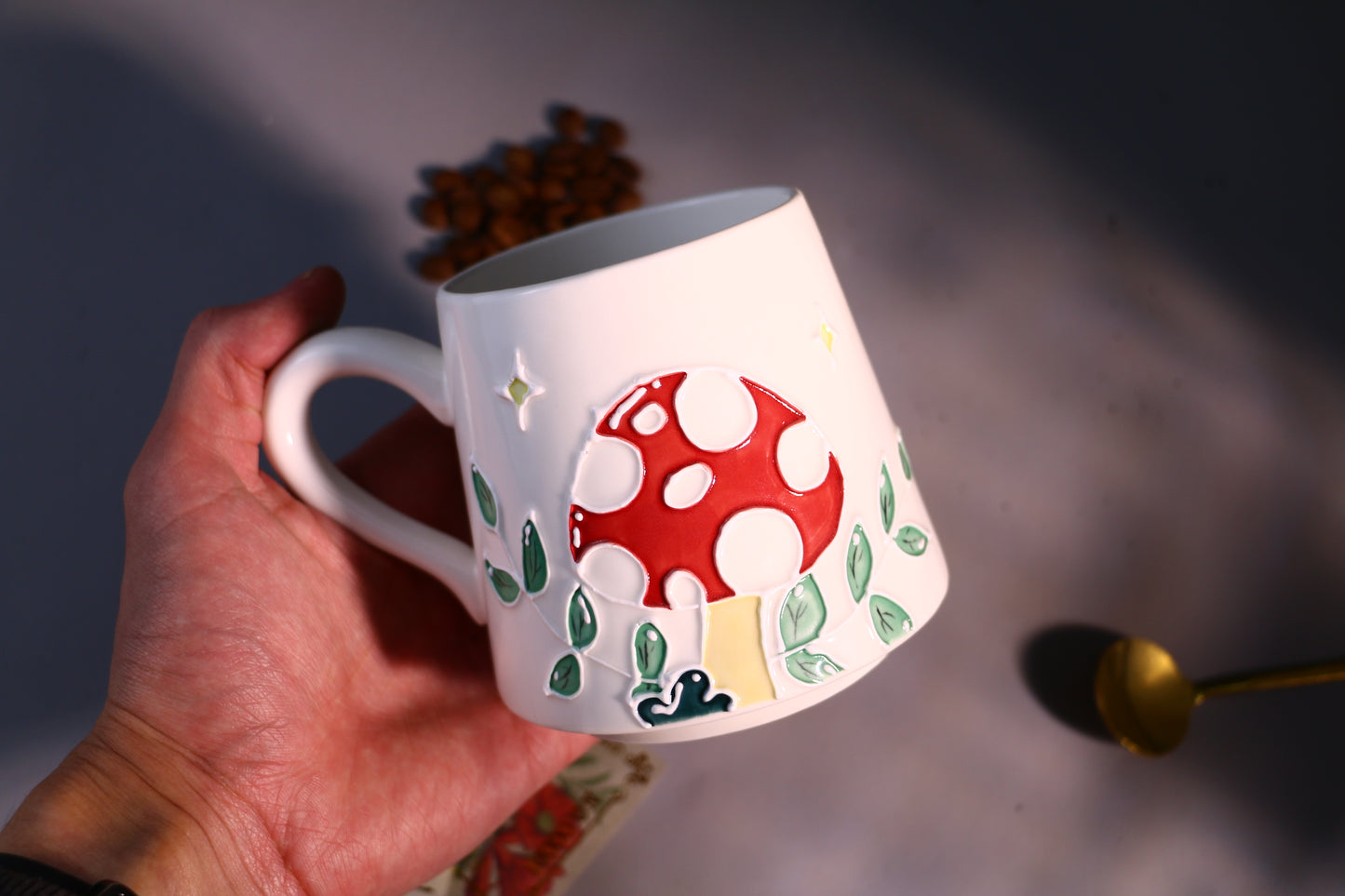 Handmade Ceramic Mug – Whimsical Mushroom Design, Hand-Painted Pottery Cup for Coffee and Tea Lovers