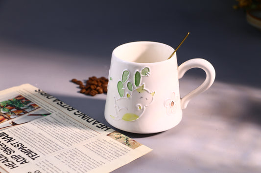 Hand-Painted Cat Ceramic Coffee Mug with Floral Art, Cute Pottery Tea Cup for Everyday Use