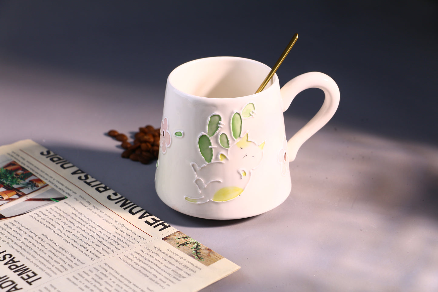 Hand-Painted Cat Ceramic Coffee Mug with Floral Art, Cute Pottery Tea Cup for Everyday Use