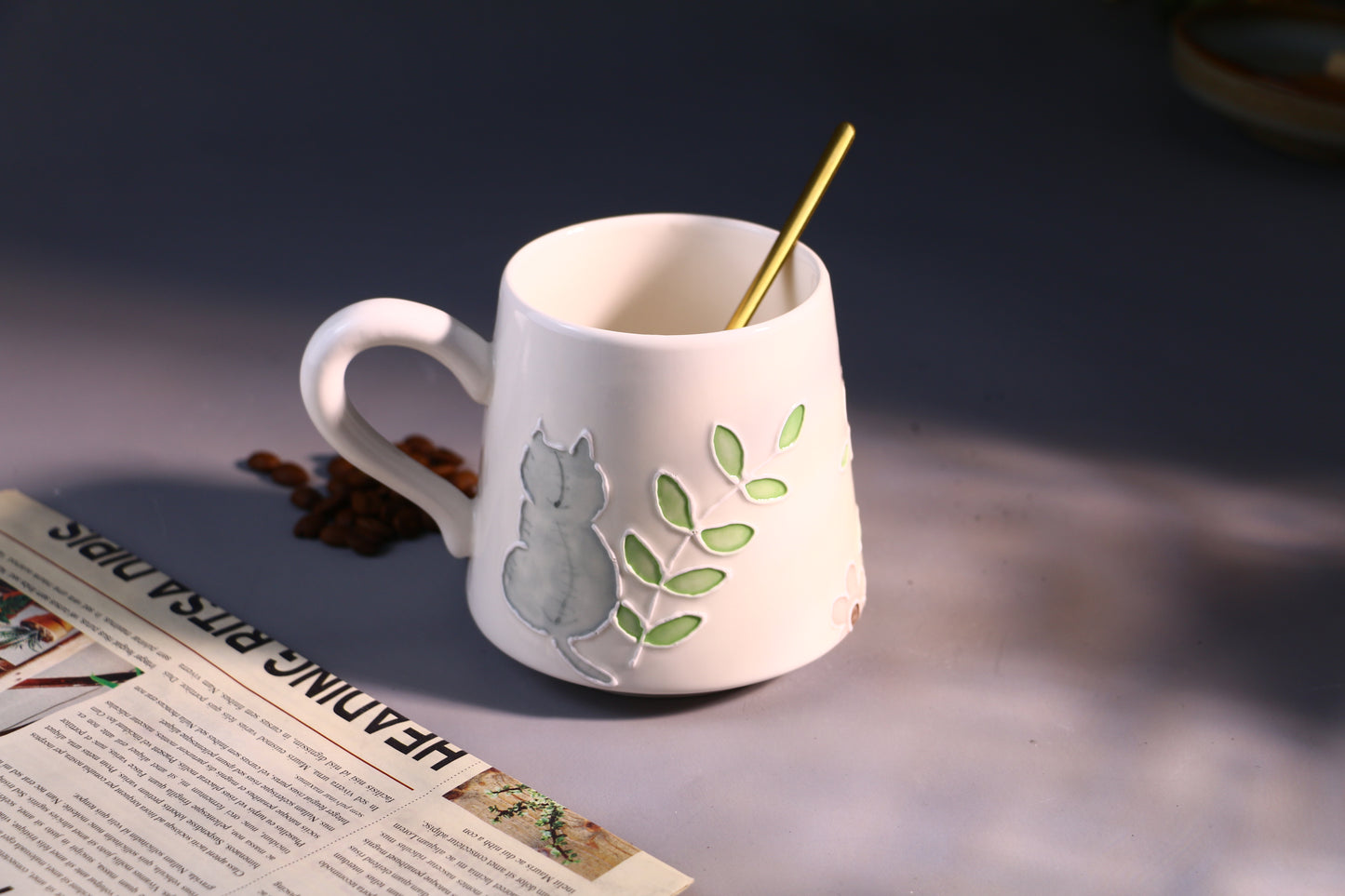 Hand-Painted Cat Ceramic Coffee Mug with Floral Art, Cute Pottery Tea Cup for Everyday Use